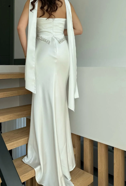 White Sheath Strapless Exquisite Beaded Satin Prom Dress Evening Dress DP5030