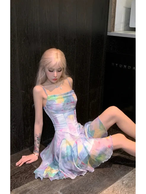 Summer Colorful A Line Spaghetti Strap Chiffon Short Homecoming Dress Outfits DP6395
