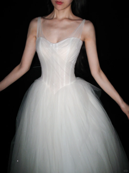 Elegant Ball Gown Spaghetti Strap Flowy Tulle Long Wedding Dress DP6384