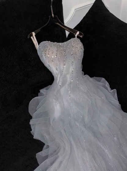Grey A Line Strapless Beaded Ruffle Tulle Party Dress Evening Dress DP2868
