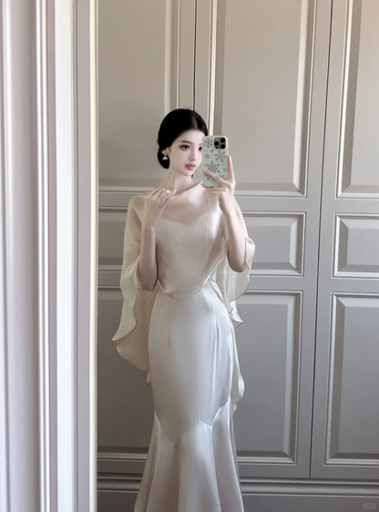 Gentle Apricot Mermaid Chiffon Satin Long Prom Dress Outfits DP4617