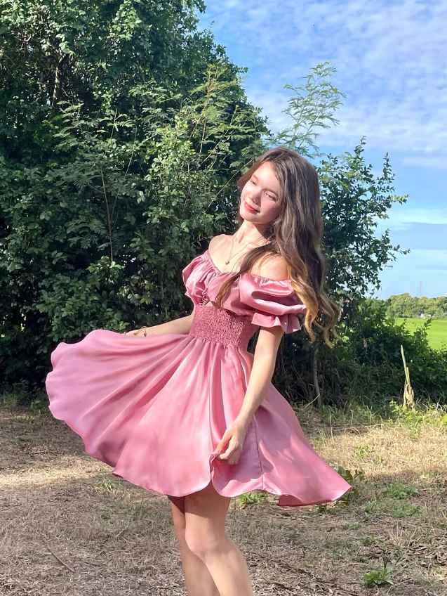 Pink A Line Off the Shoulder Satin Short Homecoming Dress Outfits DP1486