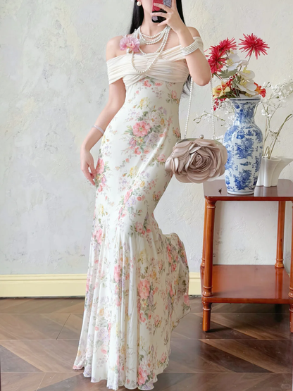 Gentle Print Floral Mermaid Off the Shoulder Ivory Chiffon Prom Dress Evening Dress DP6457