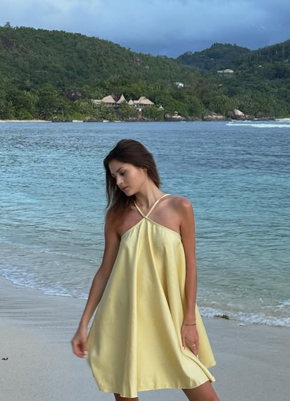 Simple Yellow A Line Halter Satin Short Homecoming Dress Outfits DP6155