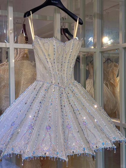 White Stunning A Line Strapless Rhinestone Tulle Homecoming Dress Cocktail Dress DP2680