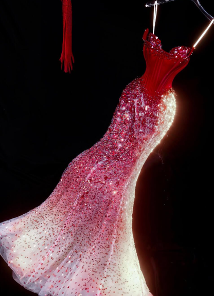 Charming Red Ombre Mermaid Strapless Beaded Satin Tulle Prom Dress Evening Dress DP6618