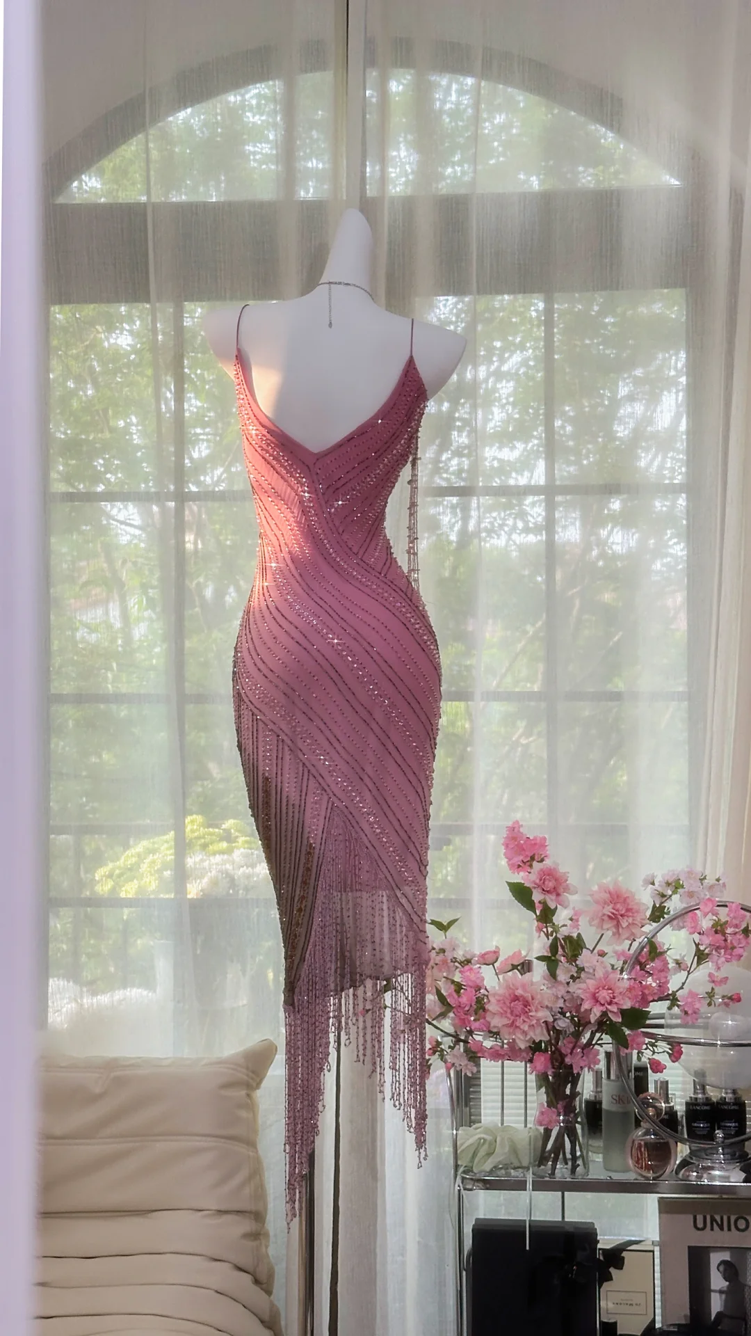 Charming Sheath Spaghetti Strap Beaded Pink Chiffon Party Dress Homecoming Dress DP2440