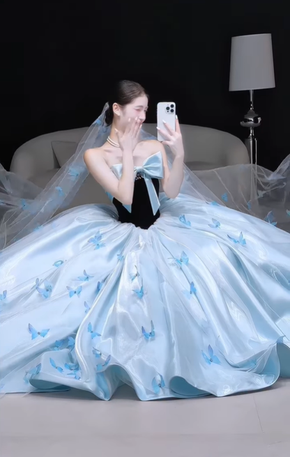Princess Ball Gown Bow Butterfly Blue Tulle Satin Long Prom Dress DP4646