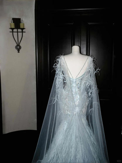 Pretty Mermaid Spaghetti Strap Blue Feather Sequin Prom Dress Party Dress DP2686