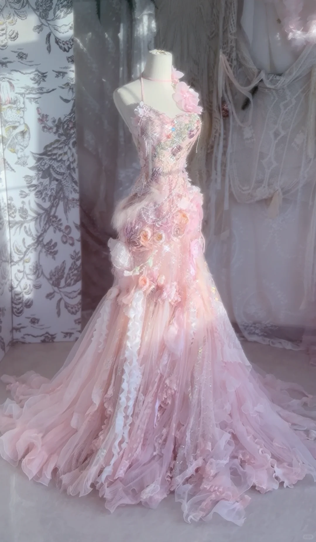 Pink Mermaid Halter Floral Beaded Tulle Long Prom Dress 16th Birthday Dress DP3796