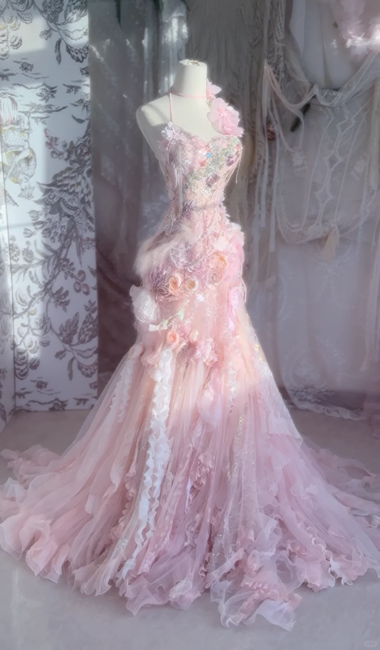Pink Mermaid Halter Floral Beaded Tulle Long Prom Dress 16th Birthday Dress DP3796