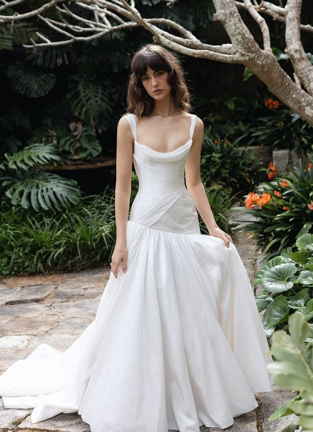 Unique Ball Gown Spaghetti Strap White Chiffon Satin Long Wedding Dress DP4328