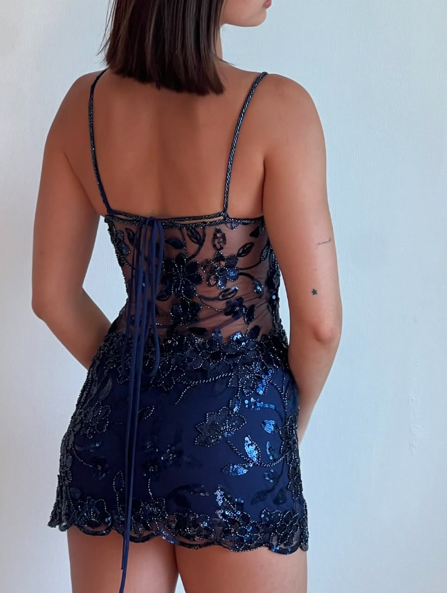 Navy Blue Exquisite Sheath Spaghetti Strap Sequin Beaded Tulle  Short Homecoming Dress DP2845