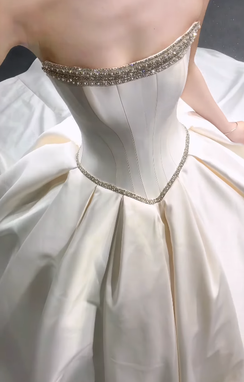Elegant Ball Gown Strapless Beaded White Satin Long Wedding Dress DP7866