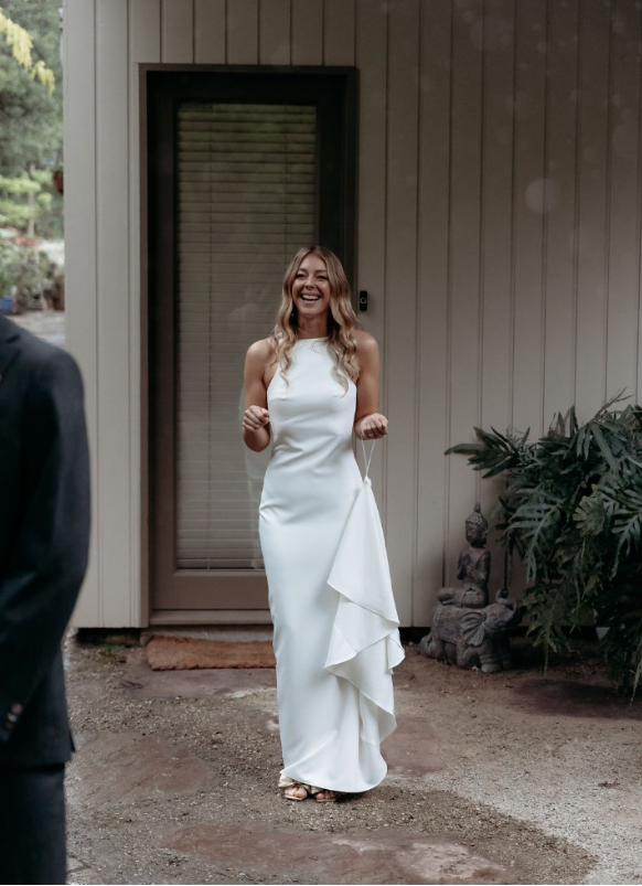 Simple Mermaid Round Neck White Satin Long Sweep Wedding Dress DP1804