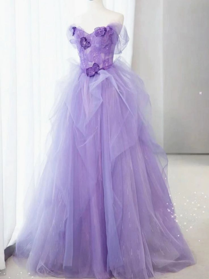 Off Shoulder Purple Tulle Long Prom Dress Lace Floral Long Evening Dress DP525