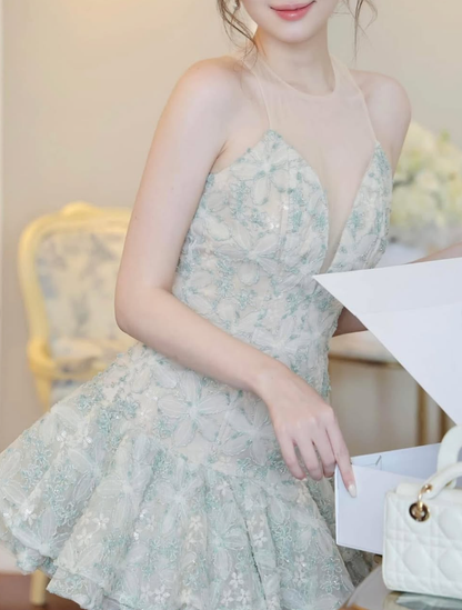 Light Green A Line Round Neck Floral Tulle Short Homecoming Dress Cocktail Dress DP3950