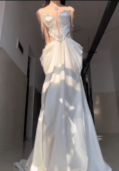 Sexy White Mermaid Sweetheart Neck Beaded Satin Prom Dress Graduation Ball Gown DP4579