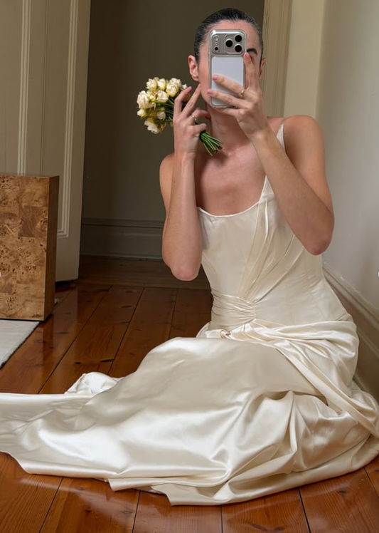 Vintage A Line One Shoulder Ivory Satin Long Wedding Dress DP7695