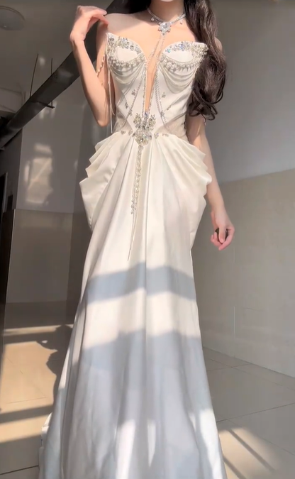 Sexy White Mermaid Sweetheart Neck Beaded Satin Prom Dress Graduation Ball Gown DP4579