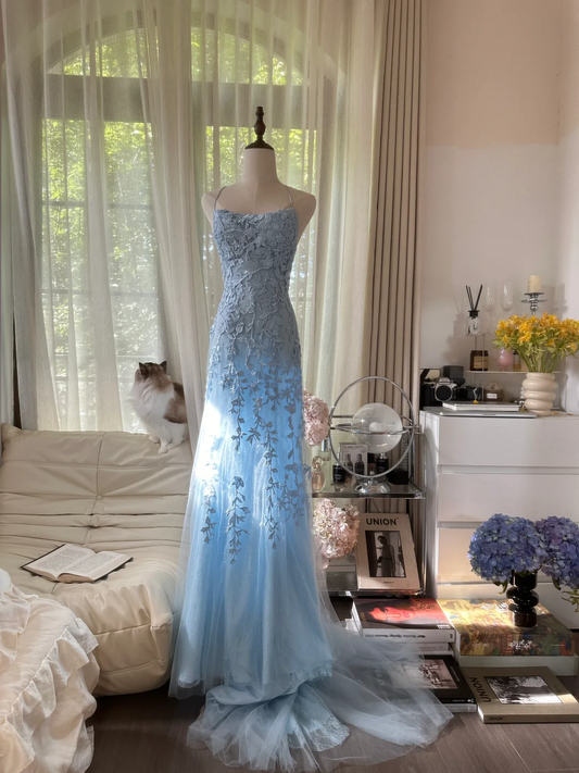Light Blue A Line Spaghetti Straps Appliques Tulle Open Back Party Dress Evening Dress DP2472