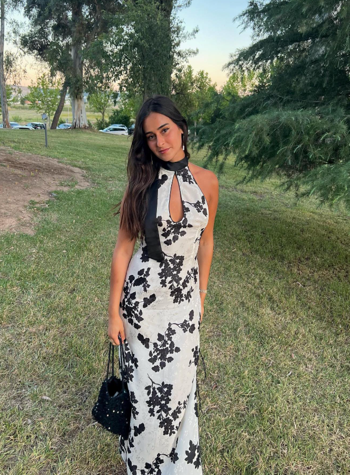 Sexy Sheath Halter Black Print Floral White Satin Prom Dress Party Dress DP4783