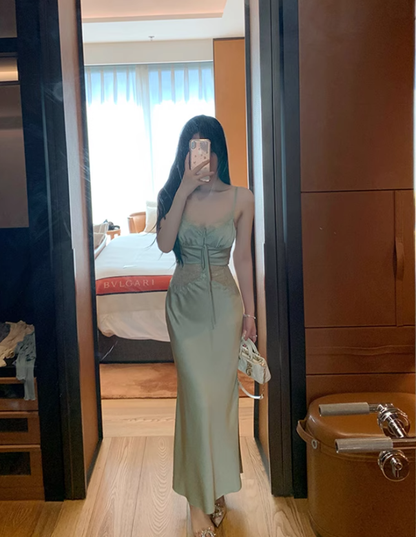 Sexy Green Mermaid Spaghetti Strap Lace Satin Prom Dress Wedding Guest Dress DP4485