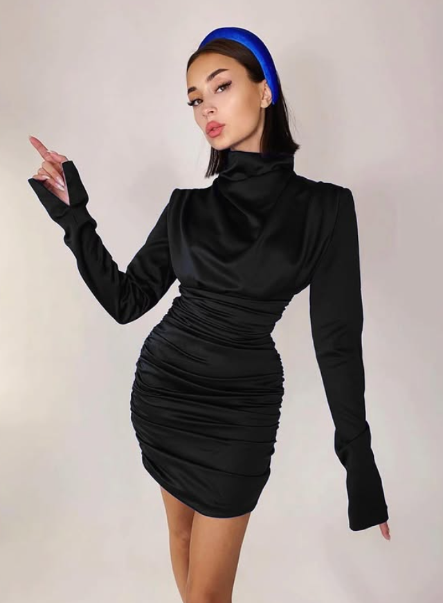 Sexy Burgundy Sheath Long Sleeve Pleated Satin Short Homecoming Dress Cocktail Dress DP3857