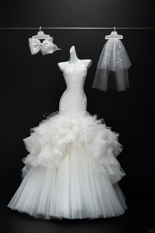 Simple White Mermaid Strapless Layered Satin Tulle Prom Dress Wedding Dress DP3227