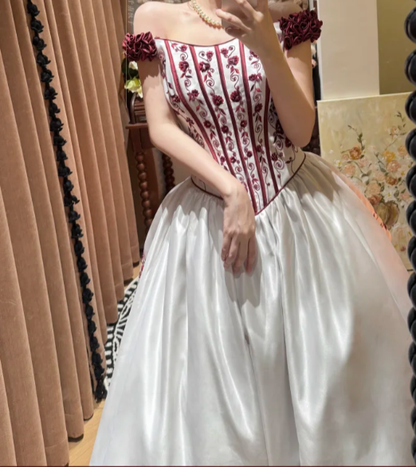 Unique A Line Off the Shoulder Red Embroidery Satin Prom Dress Party Evening Dress DP5324