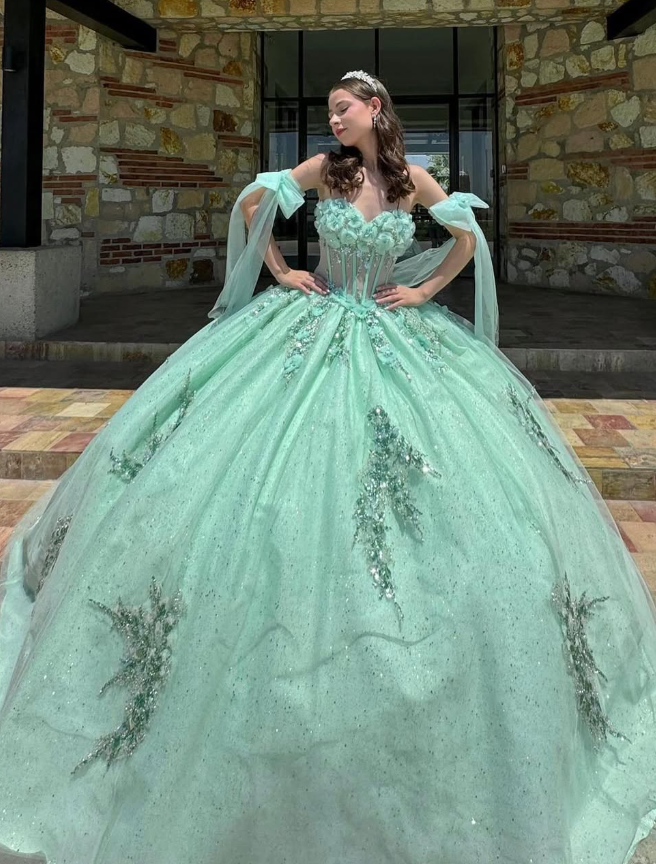 Charming Green Flower Appliques Sequin Tulle Ball Gown Sweet 16 Dress Quinceanera Dress DP3025