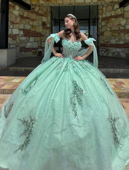 Charming Green Flower Appliques Sequin Tulle Ball Gown Sweet 16 Dress Quinceanera Dress DP3025