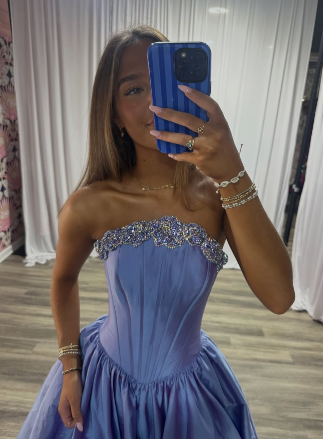 Dreamy Purple A Line Strapless Exquisite Beaded Satin Long Prom Dress Evening Dress DP7120