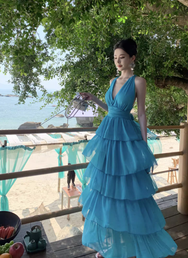 Blue Backless A Line Halter Layered Chiffon Long Vacation Dress Outfits DP3401