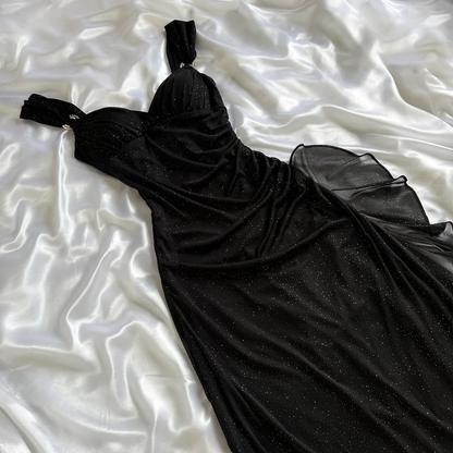Charming A Line Straps Black Chiffon Prom Dress Evening Dress DP1940