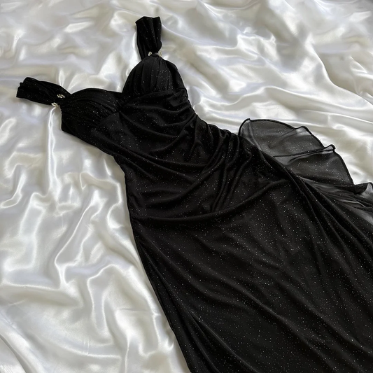Charming A Line Straps Black Chiffon Prom Dress Evening Dress DP1940