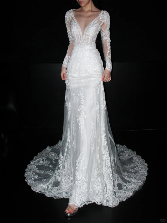 Elegant Mermaid Long Sleeve V Neck Lace Tulle Long Train Wedding Dress DP6366