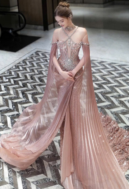 Unique Exquisite Rhinestone Mermaid Straps Sequin Tulle Long Prom Dress DP4635