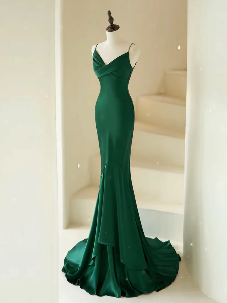 Mermaid V Neck Satin Green Backless Long Prom Dress DP374