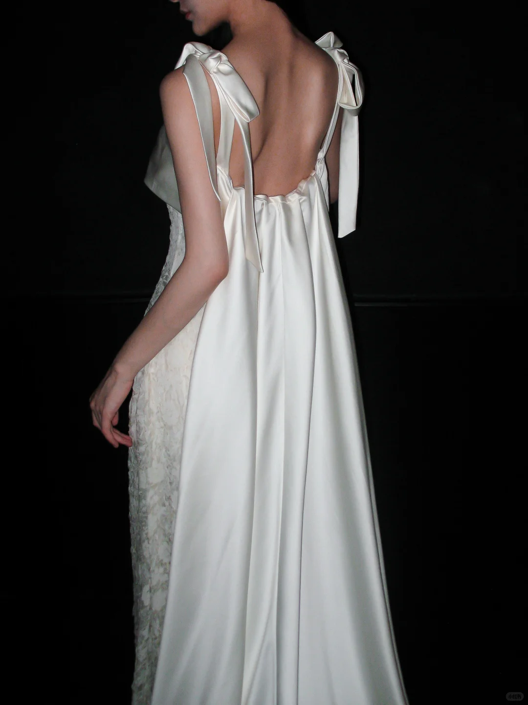 Sweety Bow A Line Straps White Lace Satin Long Wedding Dress DP5785