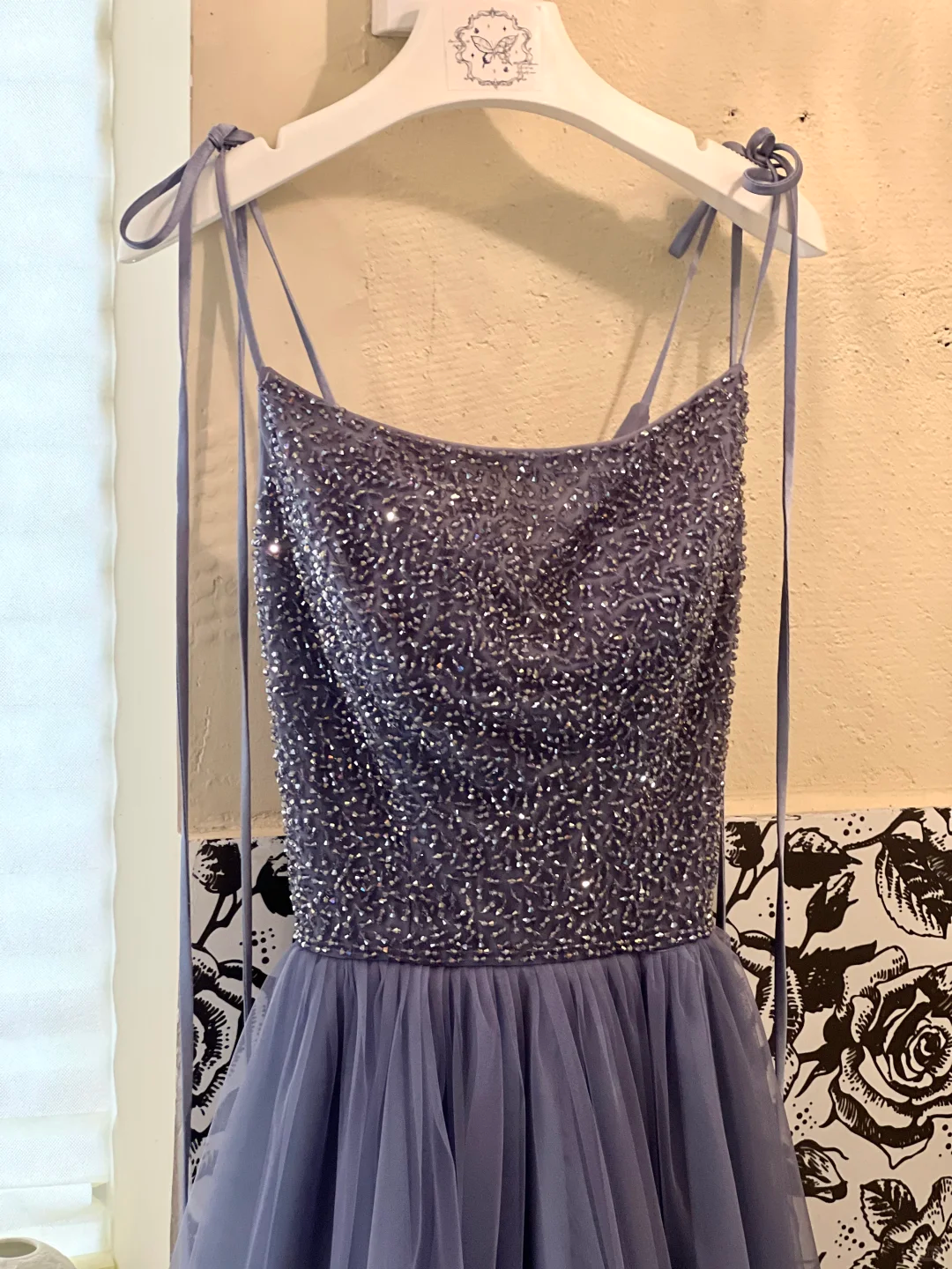 Grey Navy A Line Spaghetti Strap Beaded Tulle Long Prom Dress Evening Dress DP3327