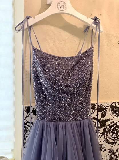 Grey Navy A Line Spaghetti Strap Beaded Tulle Long Prom Dress Evening Dress DP3327