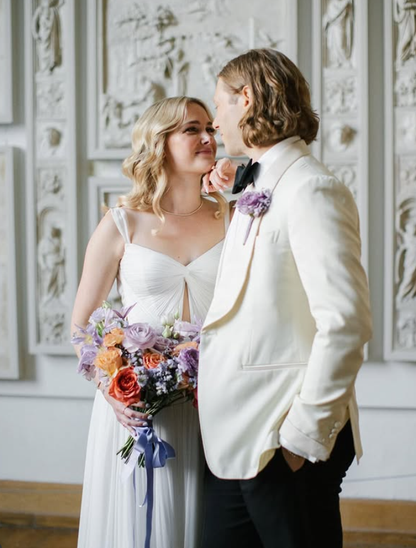 Flowy A Line Spaghetti Strap White Chiffon Wedding Dresses with Slit DP4349