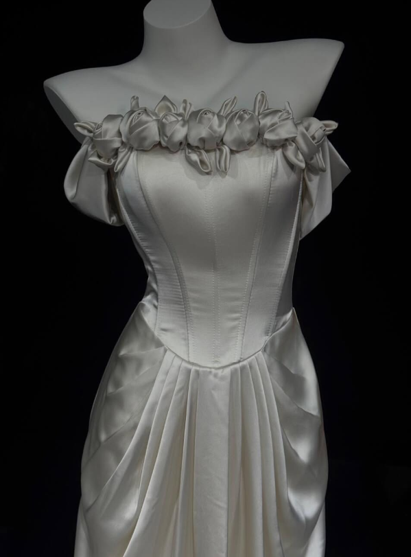 Gentle Ivory Mermaid Off the Shoulder Rose Satin Prom Dress Wedding Dress DP6627