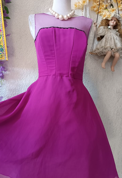Vintage A Line Round Neck Hot Pink Tulle Satin Short Homecoming Dress Evening Dress DP1634