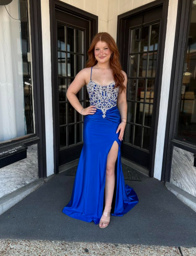 Dazzling Royal Blue Mermaid Straps Exquisite Beaded Satin Slit Long Prom Dress Evening Dress DP6266