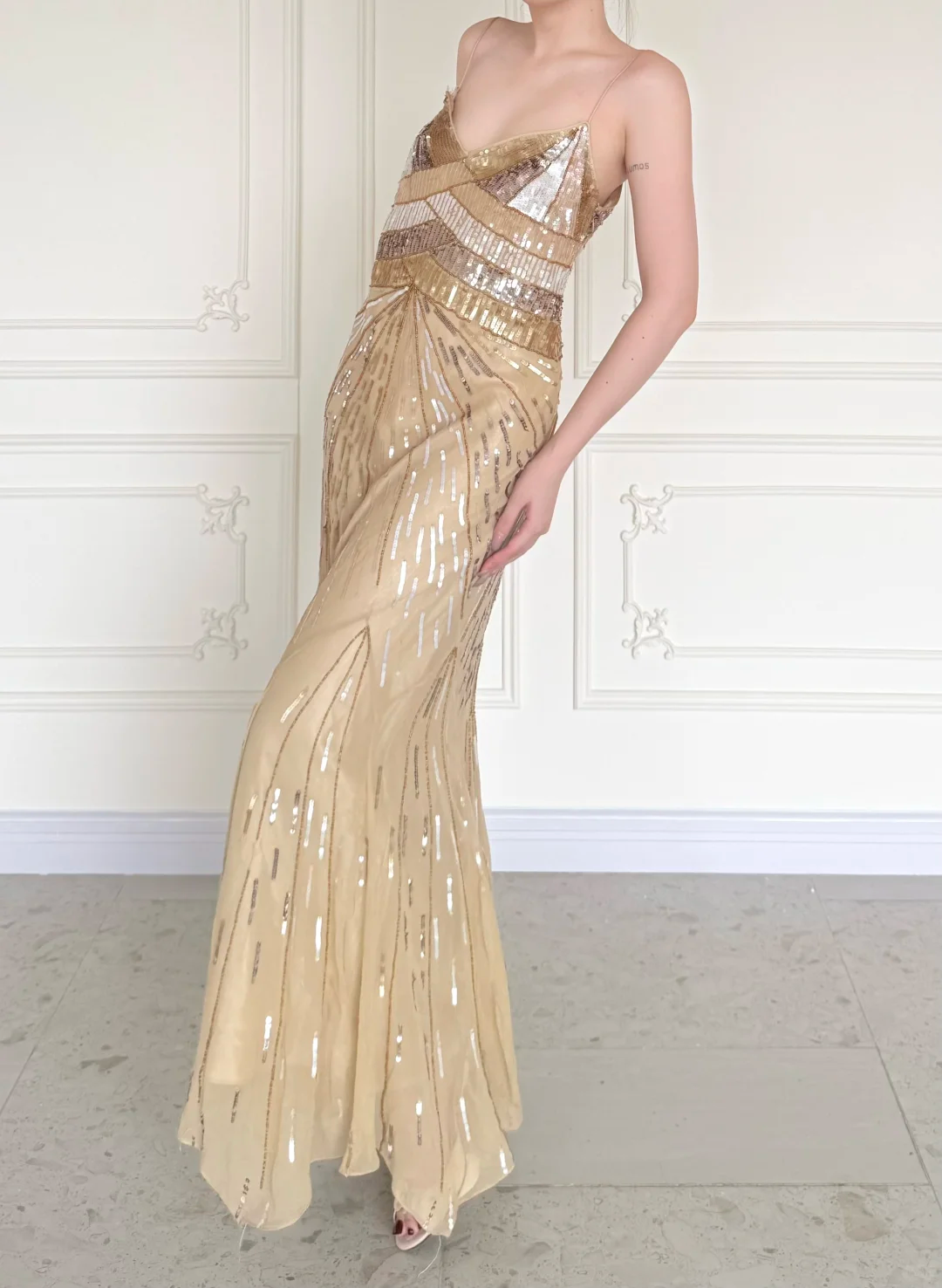 Shiny Gold Vintage A Line Straps Sequin Chiffon Long Prom Dress DP5070