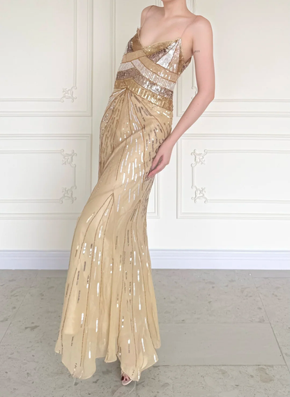 Shiny Gold Vintage A Line Straps Sequin Chiffon Long Prom Dress DP5070