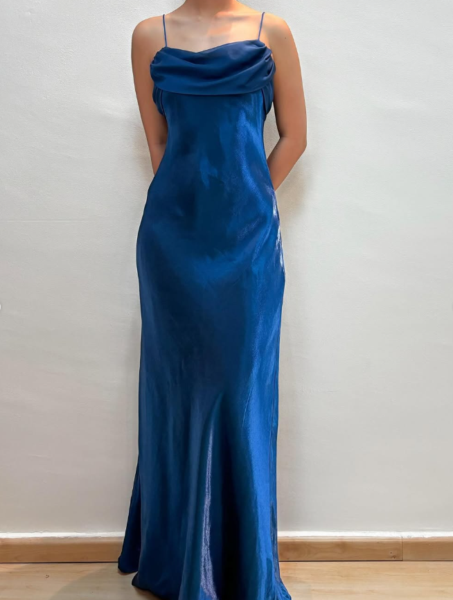 Simple Vintage Sheath Spaghetti Strap Blue Satin Prom Dress Evening Dress DP1667