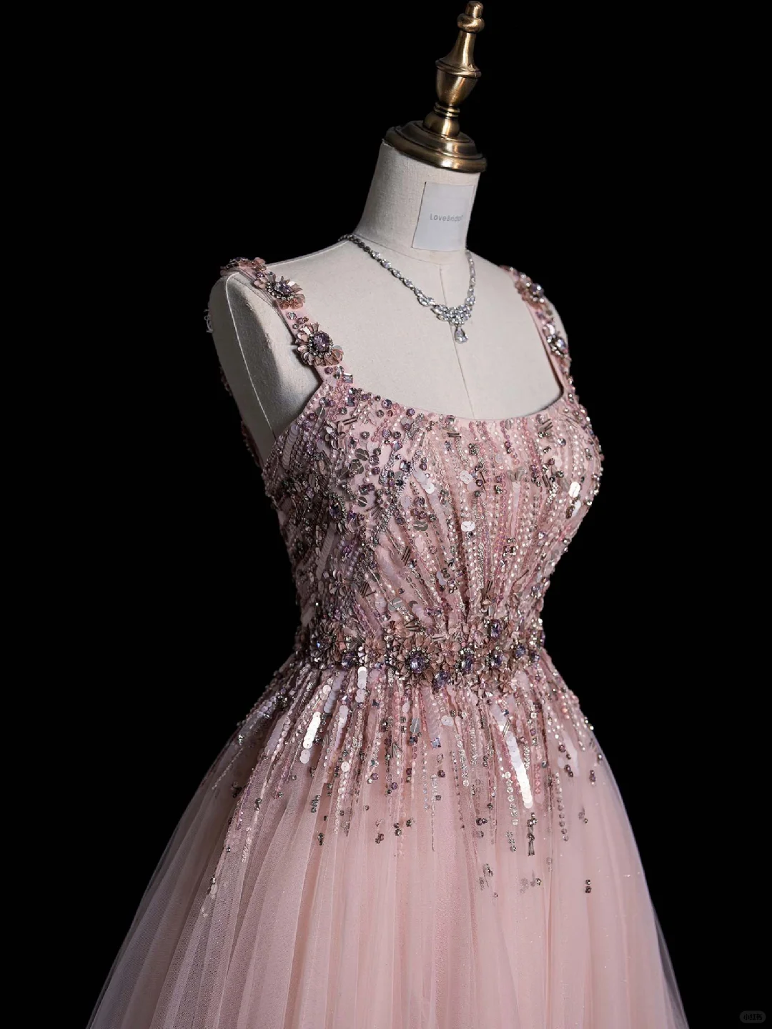 Gorgeous A Line Strap Beaded Sequin Pink Tulle Prom Dress Evening Dress DP2024